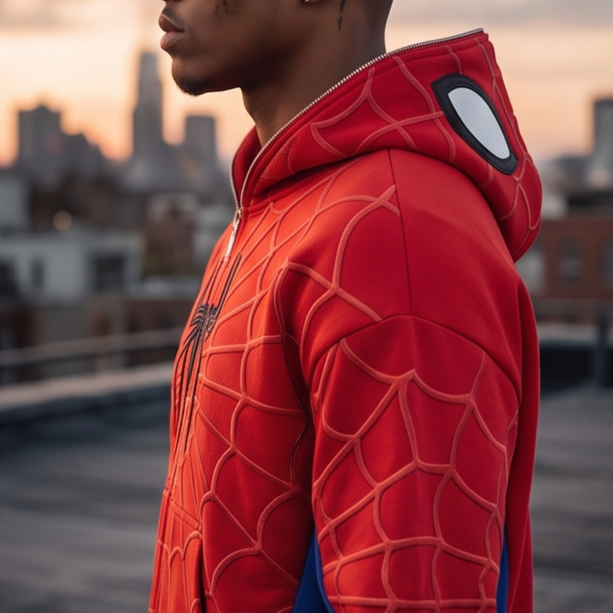 Red, Blue & Black accents Spider Web Zip-Up Hoodie – Black Graphic & Mask Hood
