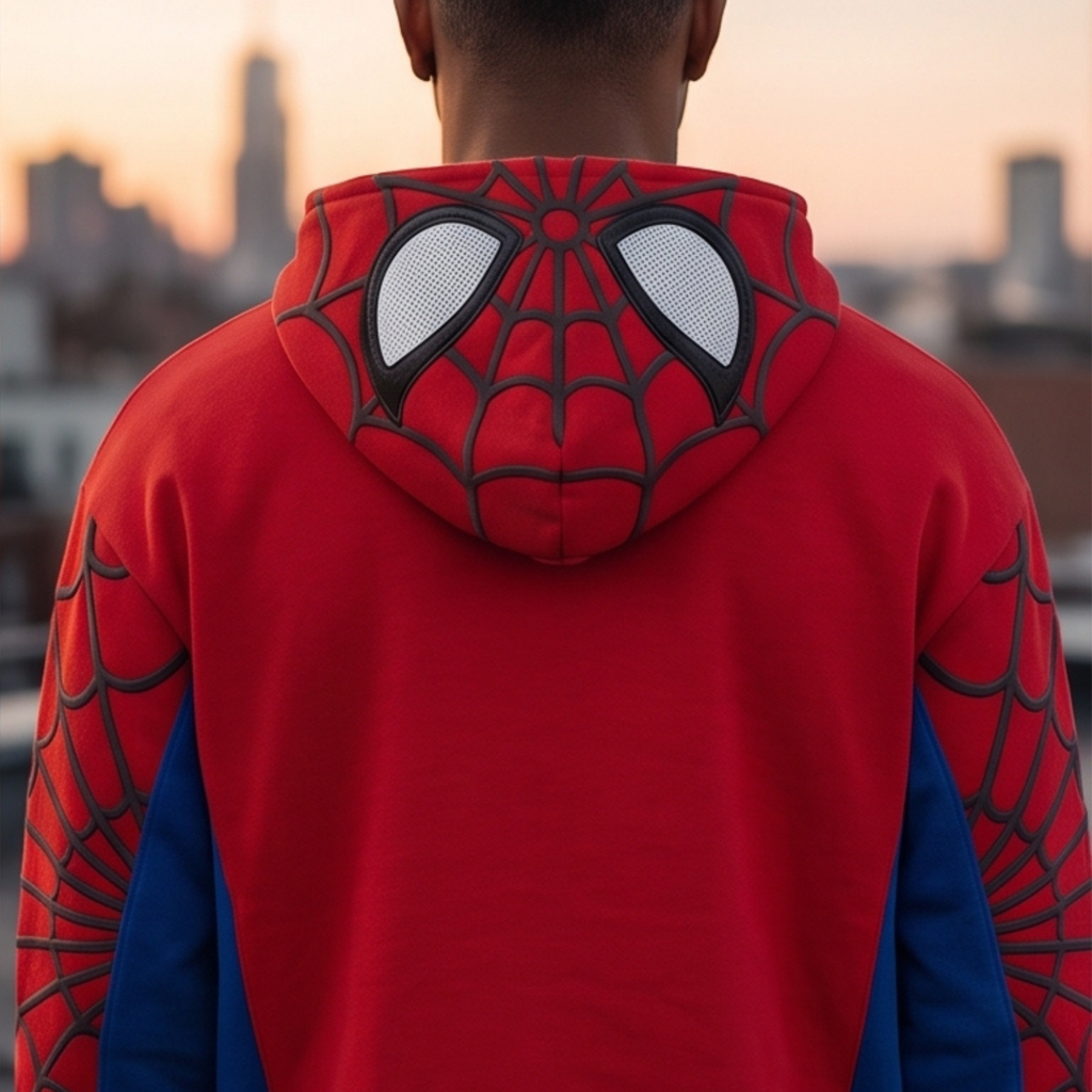 Red, Blue & White accents Spider Web Zip-Up Hoodie – White Graphic & Mask Hood
