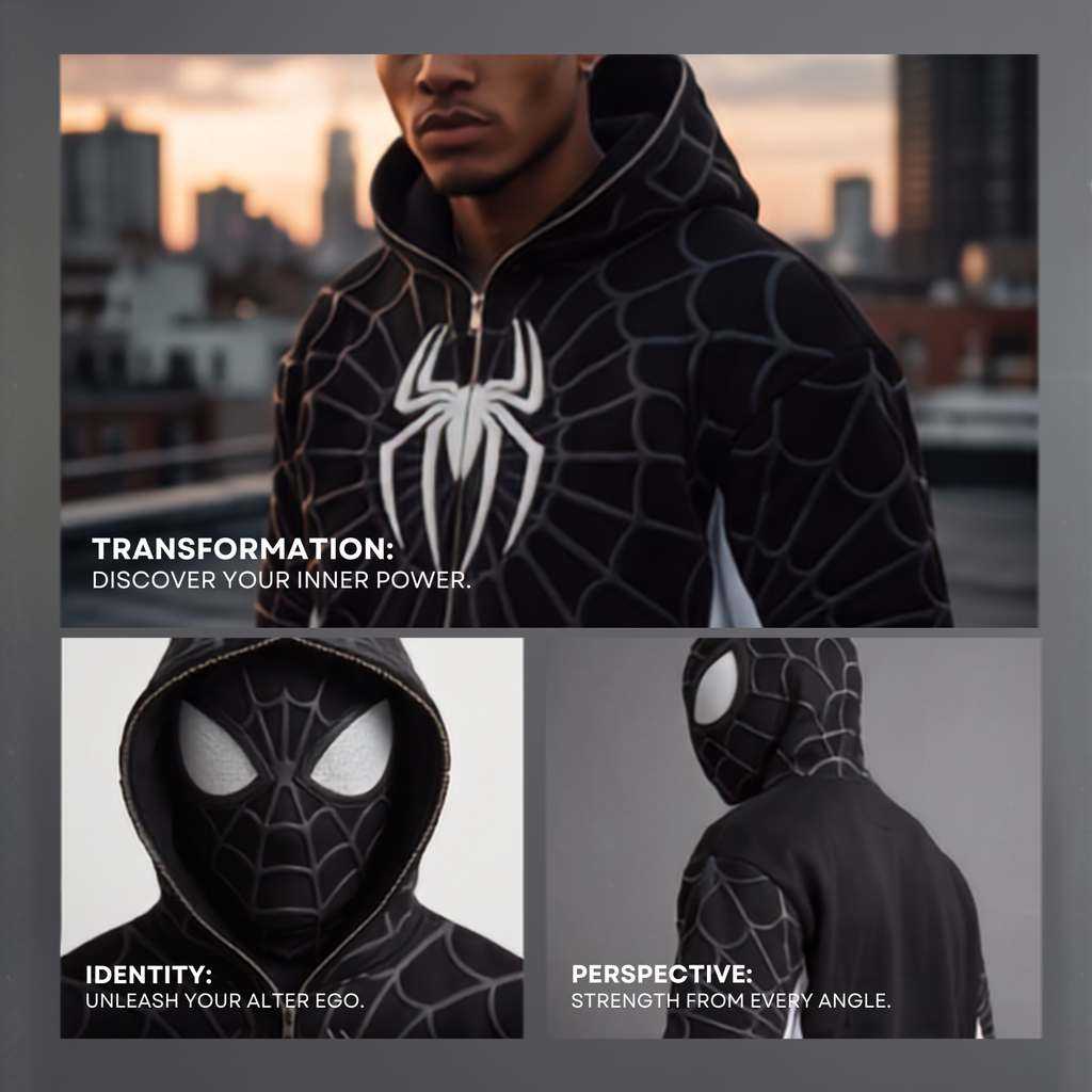 Black & White Spider Web Zip-Up Hoodie – Graphic Mask Hood Sweatshirt