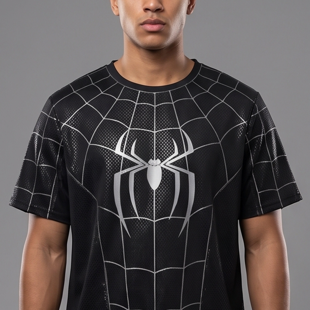 Black Spider Man Graphic T-Shirt – Silver Web Print Short Sleeve Tee