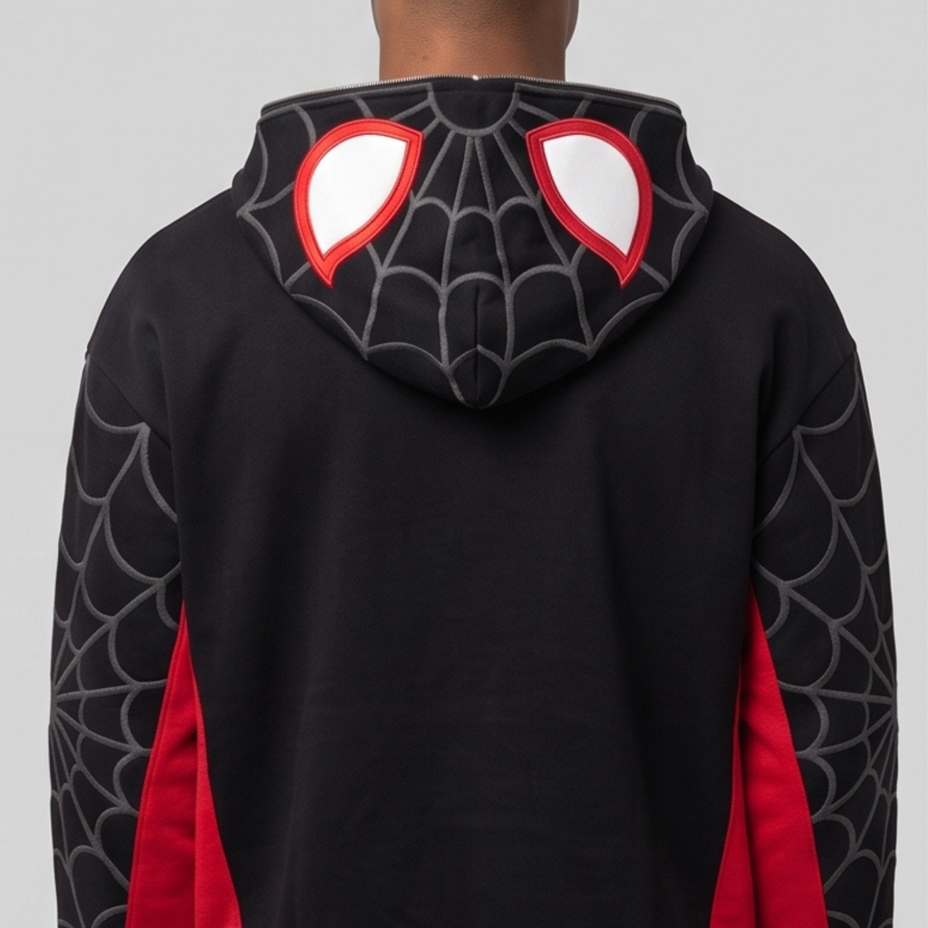 Black & Red Spider Web Zip-Up Hoodie – Graphic Mask Hood Sweatshirt