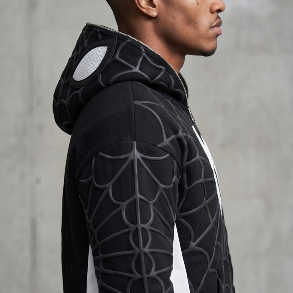 Black & White Spider Web Zip-Up Hoodie – Graphic Mask Hood Sweatshirt