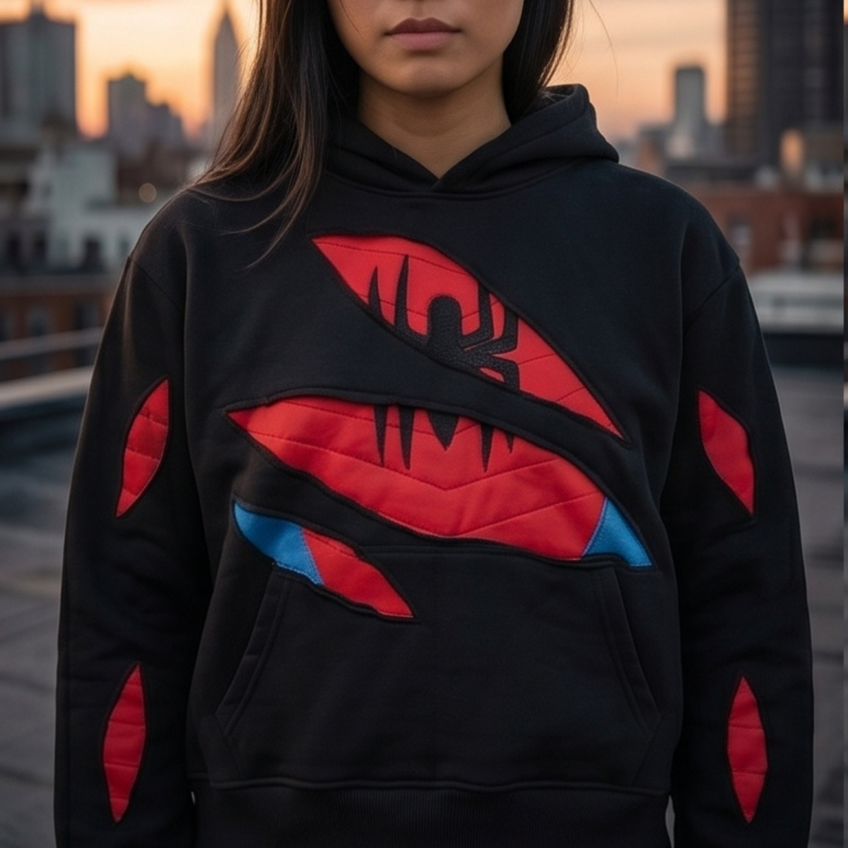 Black Red Superhero Hoodie, Spider-Inspired Graphic Sweatshirt, Pullover Hoodie with Kangaroo Pocket, Streetwear Gift for Cosplay Fans