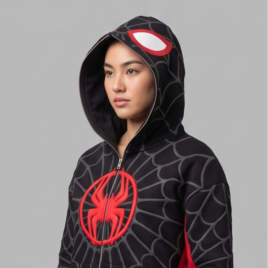 Black & Red Spider Web Zip-Up Hoodie – Graphic Mask Hood Sweatshirt