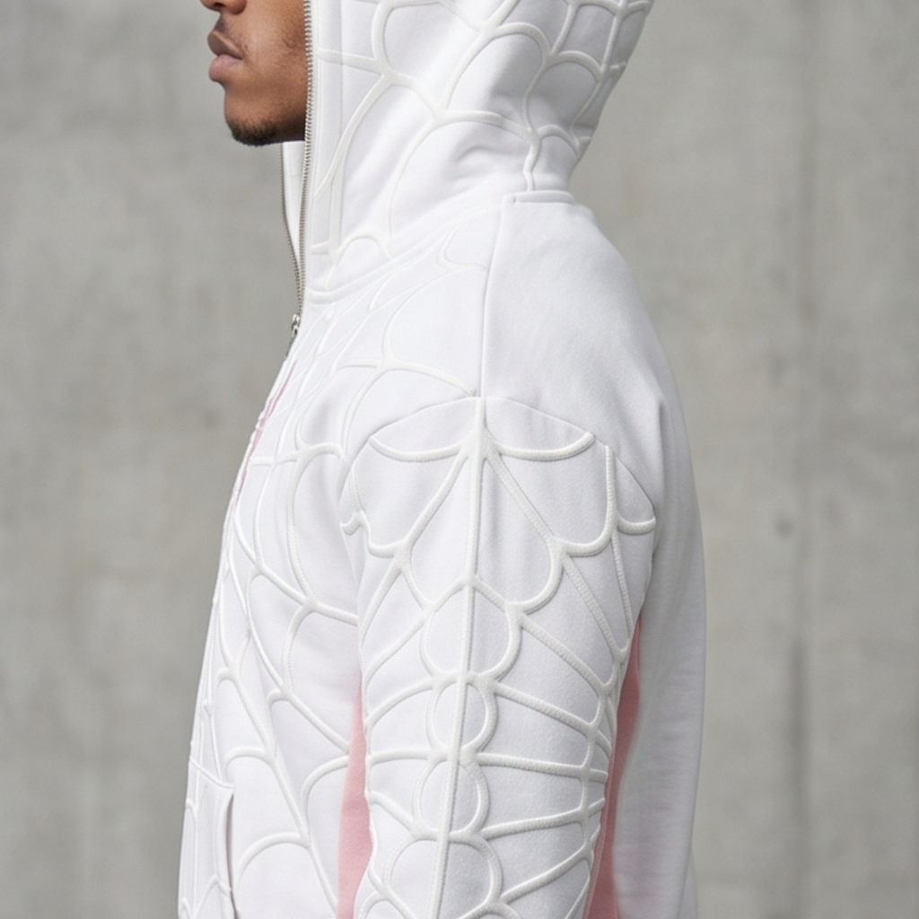 White & Pink Spider Web Zip-Up Hoodie – Unisex Graphic Sweatshirt
