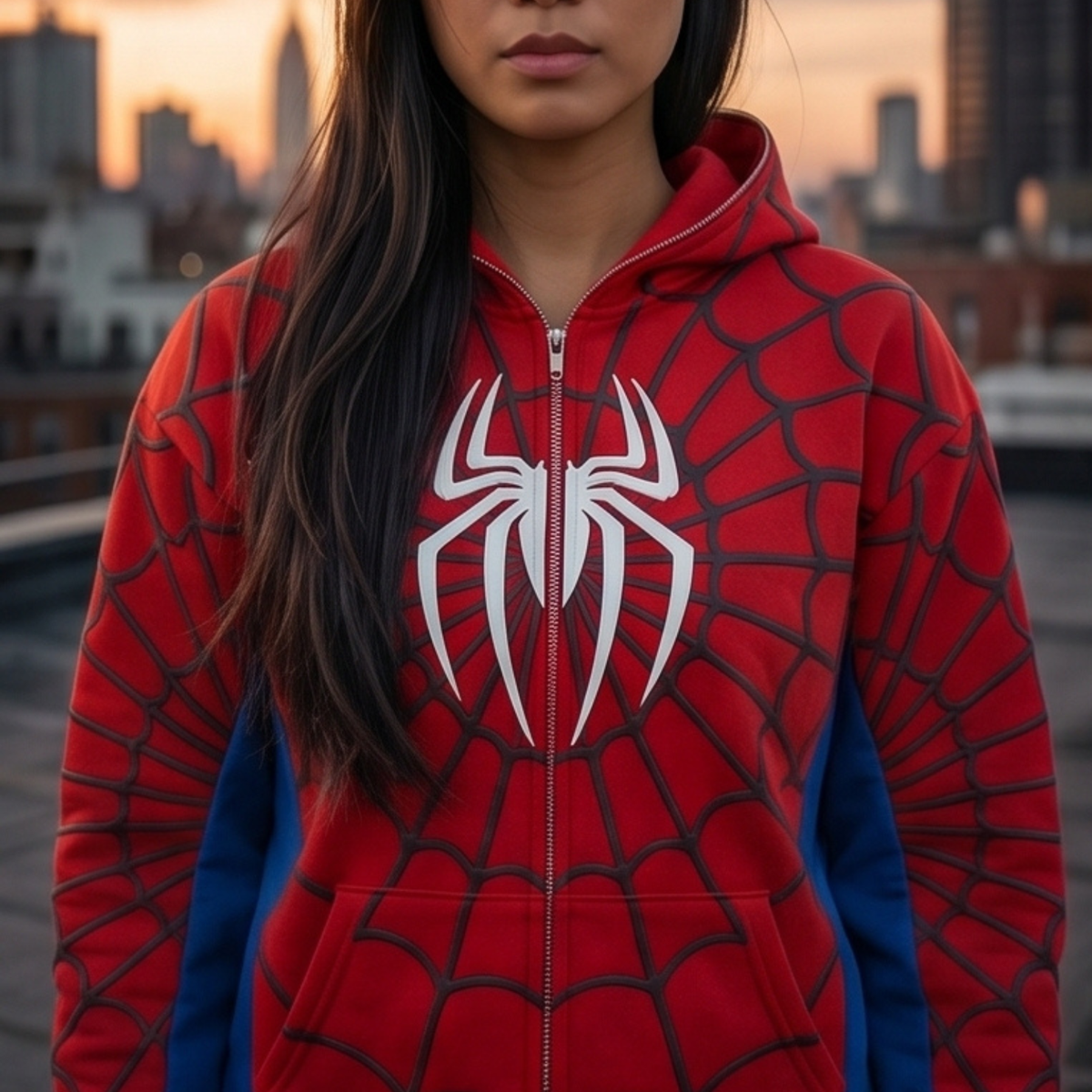 Red, Blue & White accents Spider Web Zip-Up Hoodie – White Graphic & Mask Hood
