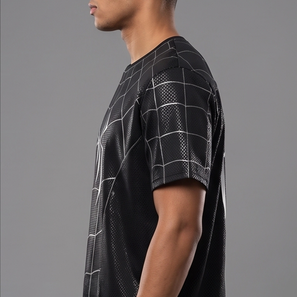 Black Spider Man Graphic T-Shirt – Silver Web Print Short Sleeve Tee
