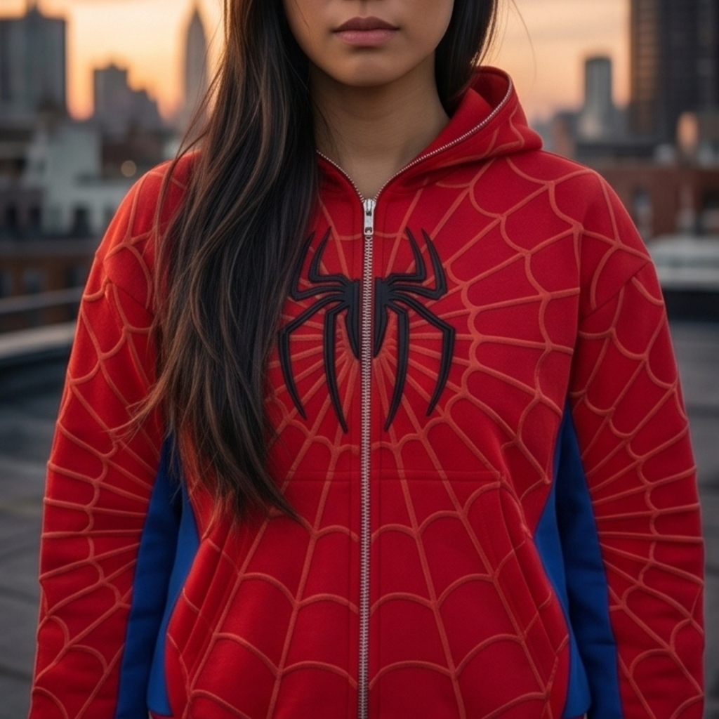 Red, Blue & Black accents Spider Web Zip-Up Hoodie – Black Graphic & Mask Hood