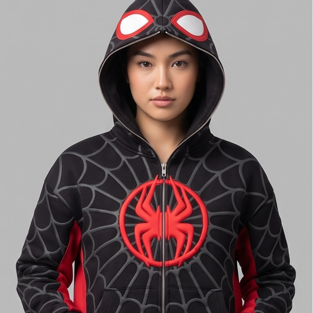Black & Red Spider Web Zip-Up Hoodie – Graphic Mask Hood Sweatshirt