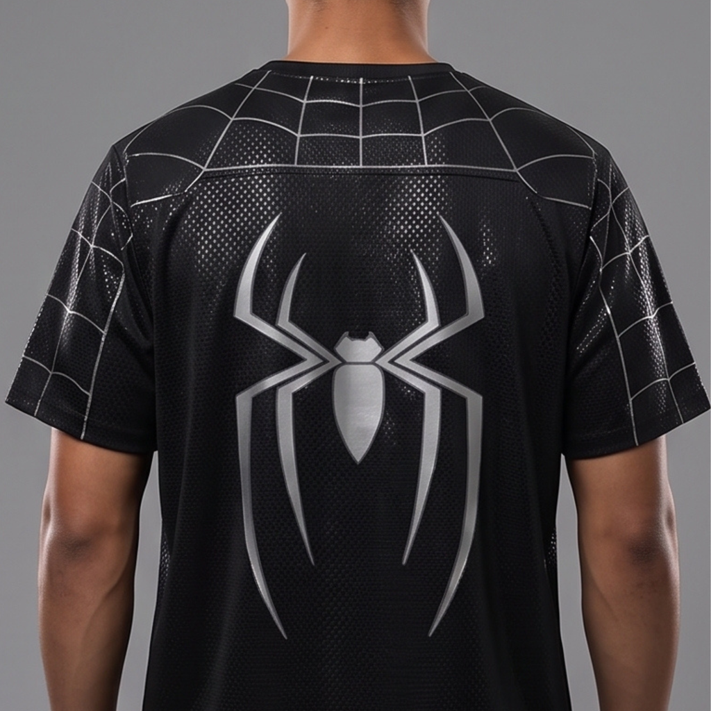 Black Spider Man Graphic T-Shirt – Silver Web Print Short Sleeve Tee