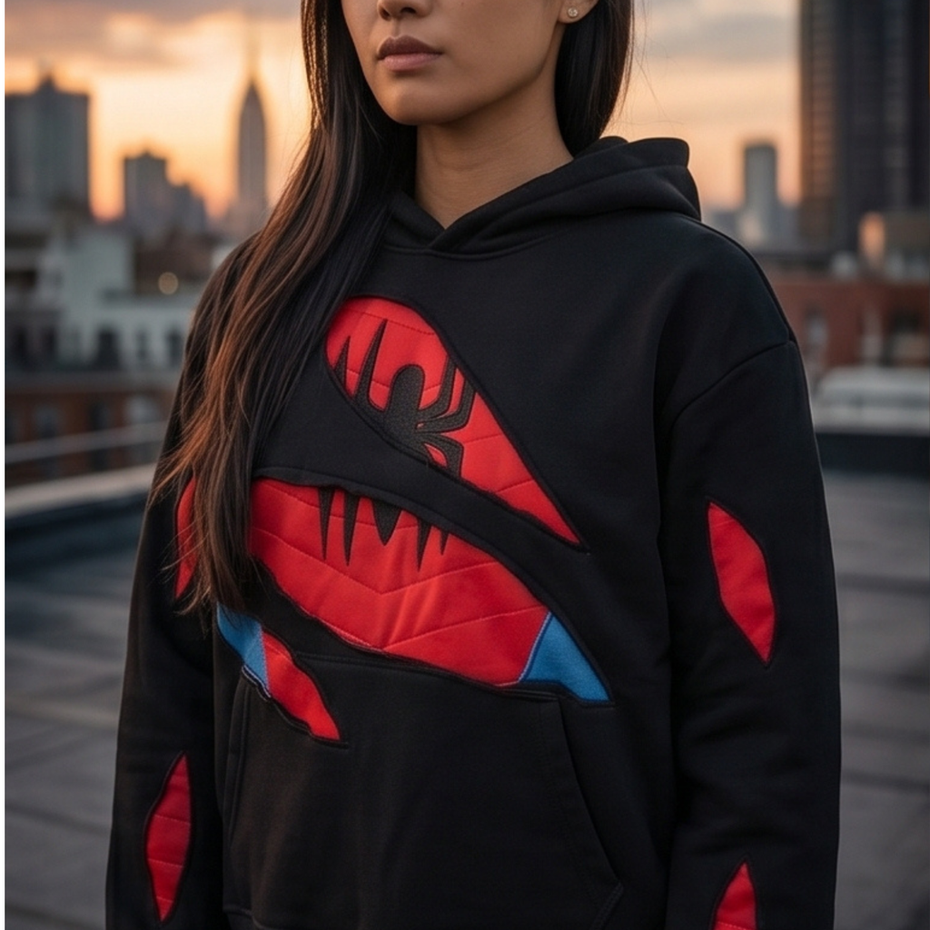 Black Red Superhero Hoodie, Spider-Inspired Graphic Sweatshirt, Pullover Hoodie with Kangaroo Pocket, Streetwear Gift for Cosplay Fans