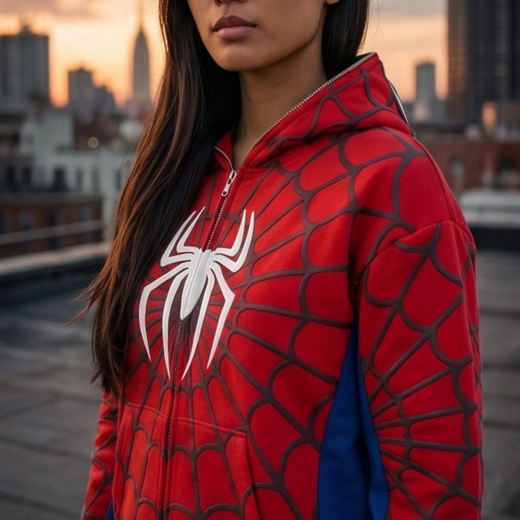 Red, Blue & White accents Spider Web Zip-Up Hoodie – White Graphic & Mask Hood