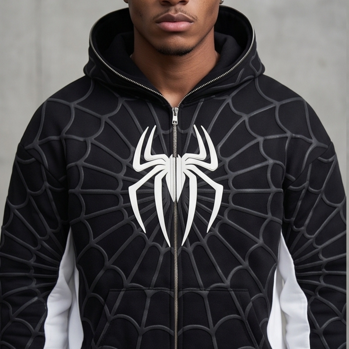 Black & White Spider Web Zip-Up Hoodie – Graphic Mask Hood Sweatshirt