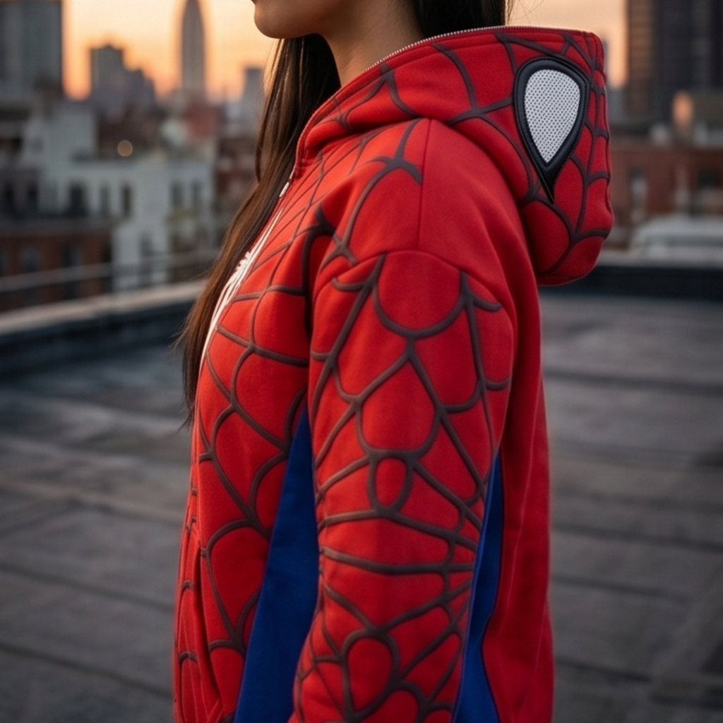 Red, Blue & White accents Spider Web Zip-Up Hoodie – White Graphic & Mask Hood