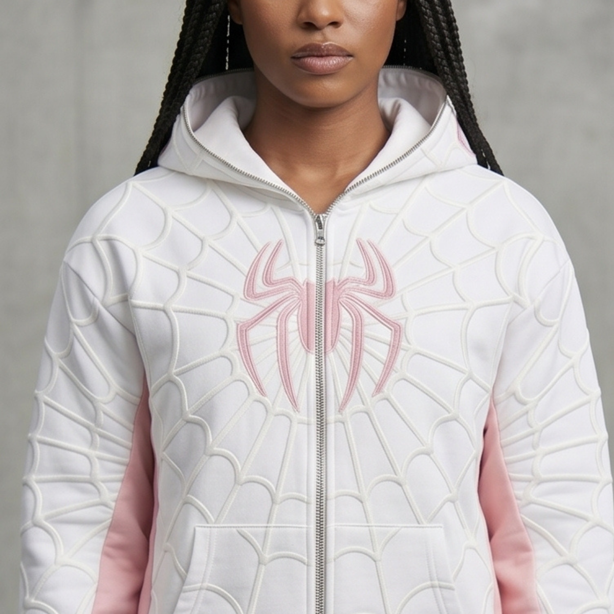 White & Pink Spider Web Zip-Up Hoodie – Unisex Graphic Sweatshirt