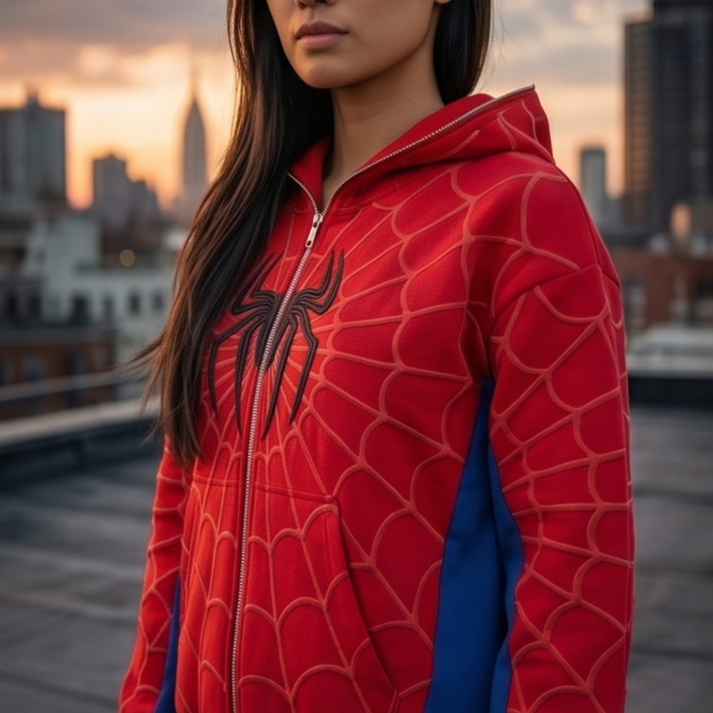 Red, Blue & Black accents Spider Web Zip-Up Hoodie – Black Graphic & Mask Hood