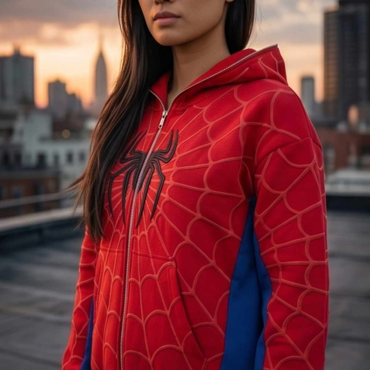 Red, Blue & Black accents Spider Web Zip-Up Hoodie – Black Graphic & Mask Hood