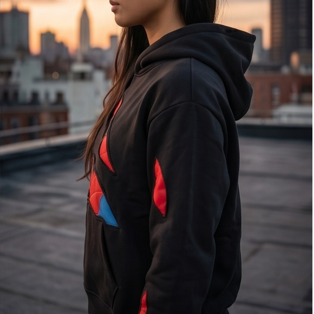 Black Red Superhero Hoodie, Spider-Inspired Graphic Sweatshirt, Pullover Hoodie with Kangaroo Pocket, Streetwear Gift for Cosplay Fans