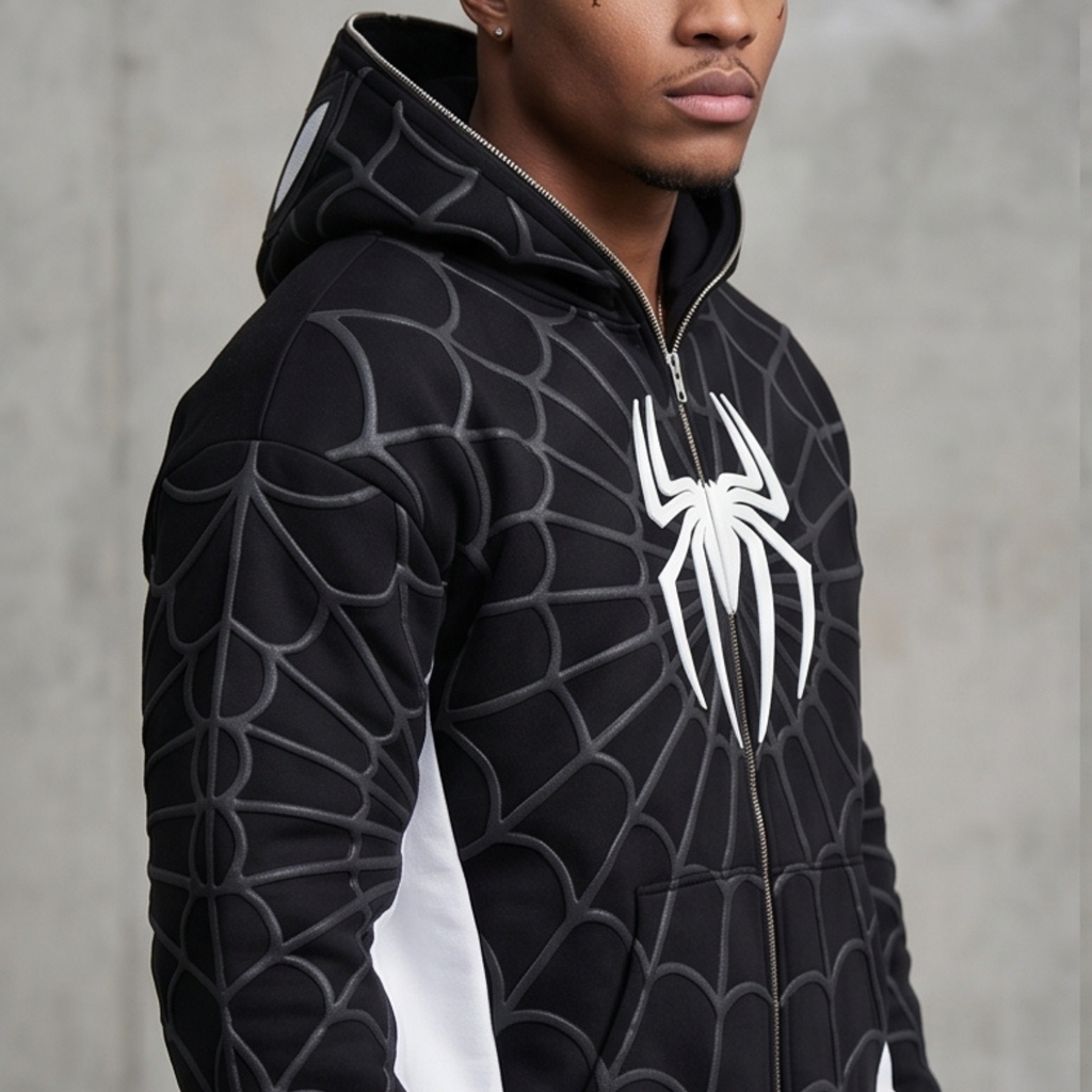 Black & White Spider Web Zip-Up Hoodie – Graphic Mask Hood Sweatshirt
