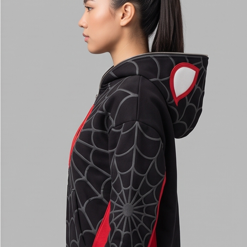Black & Red Spider Web Zip-Up Hoodie – Graphic Mask Hood Sweatshirt