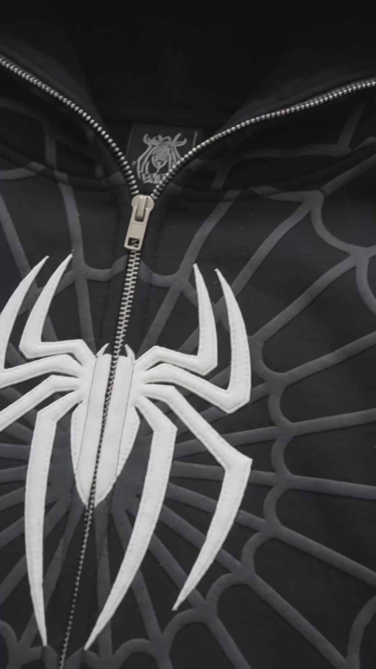 Black & White Spider Web Zip-Up Hoodie – Graphic Mask Hood Sweatshirt